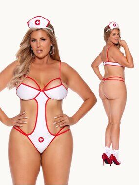 Plus Size Nurse Naughty Teddy and Headpiece Lingerie Costume Set White